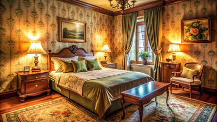 Vintage Aesthetic Hotel Room with Cozy Bed, Soft Lighting, and Elegant Decor for a Relaxing Retreat Experience in a Beautifully Designed Space