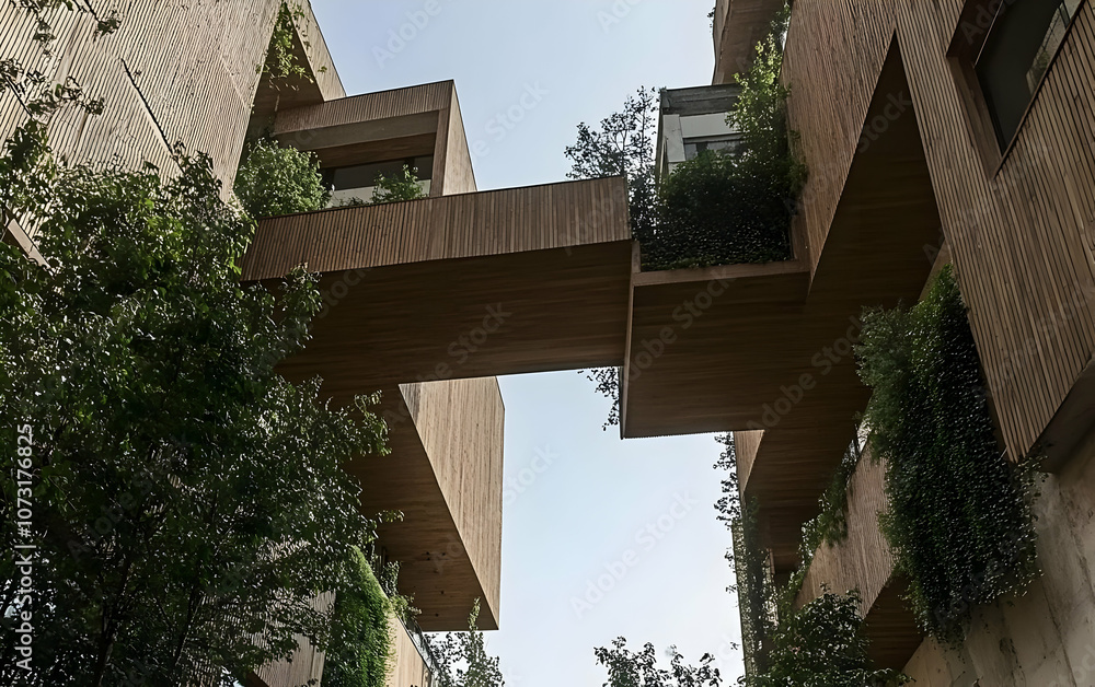 Poster modern architecture featuring wooden structures and greenery in an urban environment.