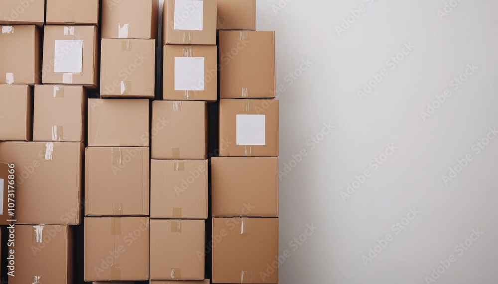 Poster a stack of cardboard boxes neatly organized against a wall, featuring blank labels for easy identifi