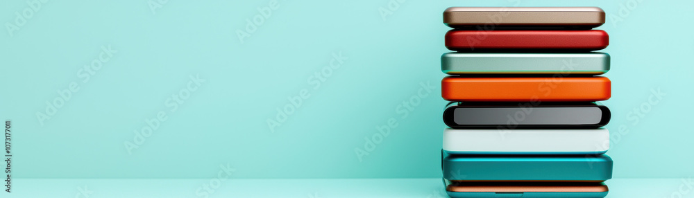 Poster a stack of colorful books against a soft turquoise backdrop, creating a visually pleasing and organi