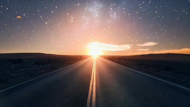 A straight road stretching toward a glowing horizon, representing journeys and goals.
