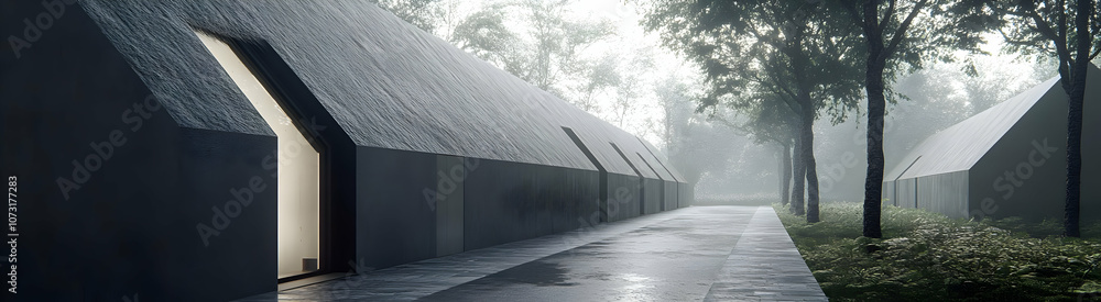 Poster modern architectural structures in a misty forest setting, showcasing minimalist design.