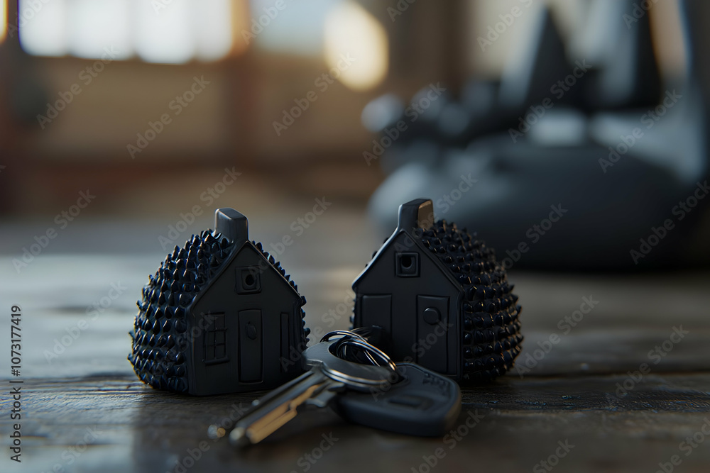Poster two textured house-shaped objects beside a set of keys on a wooden surface.