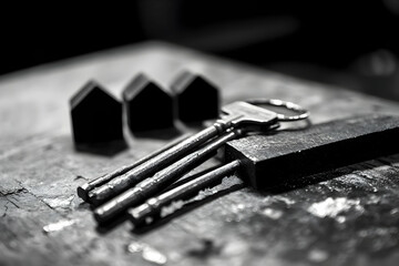 A close-up of keys and metal shapes on a workbench, suggesting craftsmanship and security.