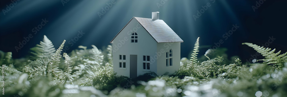 Poster a small model house surrounded by ferns and illuminated by soft rays of light.