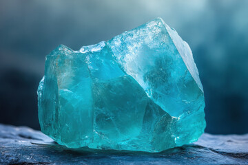 Close-up of a stunning blue aquamarine gemstone with a natural crystal structure, resting on a textured surface, radiating a cool, calming aura.