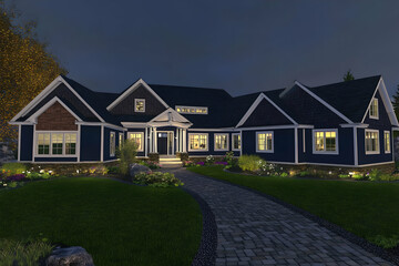 A beautifully lit modern house at night, showcasing elegant architecture and landscaping.