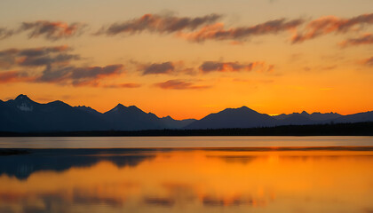 Sunset in the mountains at a calm lake - Sunset over the mountain reflection at golden hour, Calm mountain lake reflecting the sunset in the mountains, dawn