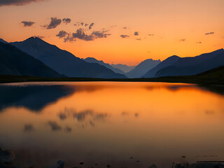 Fototapeta premium Sunset in the mountains at a calm lake - Sunset over the mountain reflection at golden hour, Calm mountain lake reflecting the sunset in the mountains, dawn