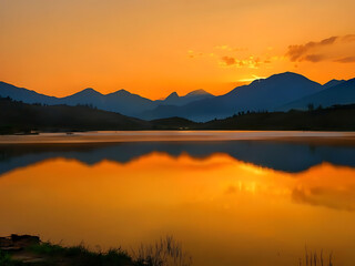 Fototapeta premium Sunset in the mountains at a calm lake - Sunset over the mountain reflection at golden hour, Calm mountain lake reflecting the sunset in the mountains, dawn