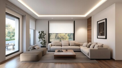 Elegant living space, warm artificial light, soft texture, 3D render