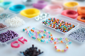 Colorful beads, letter beads, threads and other jewelry making supplies on white background. Making friendship bracelets concept. Selective focus.
