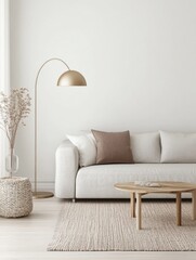 Minimalist Living Room with a White Sofa, Wooden Coffee Table, and Dried Flowers