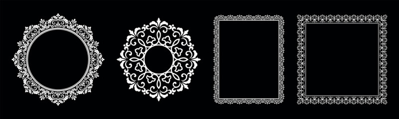 Set of decorative frames Elegant vector element for design in Eastern style, place for text. Floral black and white borders. Lace illustration for invitations and greeting cards.