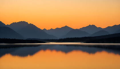 Obraz premium Sunset in the mountains at a calm lake - Sunset over the mountain reflection at golden hour, Calm mountain lake reflecting the sunset in the mountains, dawn