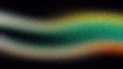 Elegant grainy color gradient on dark backdrop design. Abstract dark green orange yellow black color wave shpaed, vibrant, glowing, noise texture, background