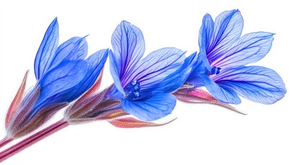 Fototapeta premium Vibrant blue flowers on stems with intricate details against a white background