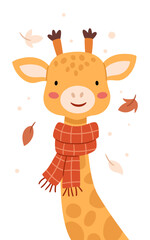 A cute giraffe in a red scarf in the middle of autumn leaves