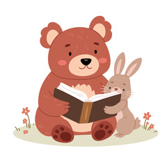 Bunny and Bear are sitting on the lawn and reading a book.Cute animals reading tales literature, learning and education illustration for kids