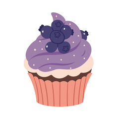 Chocolate cupcake with blueberries and vanilla cream.Chocolate cupcake with blueberry, blue cream, sugar sprinkles in cupcake paper. Cute cream berries pastries. Muffin dessert sweet, food.