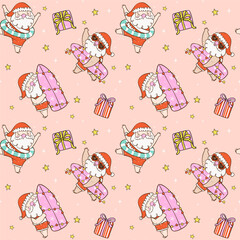 Pattern Seamless Groovy Christsmas Summer Santa Beach with surfboard cartoon doodle isolated on background.