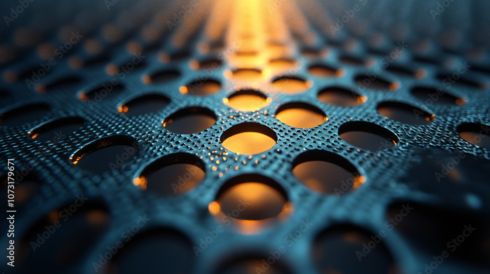 Poster a close-up shot of a metallic surface with a repeating pattern of circular holes, illuminated by a w