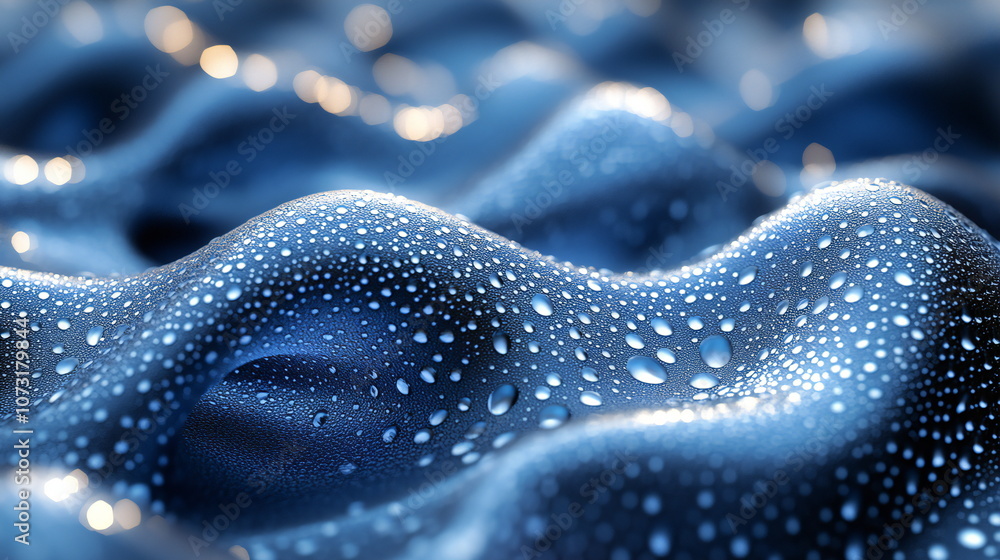 Poster close-up of water droplets on a blue, textured surface, creating a mesmerizing and abstract pattern.
