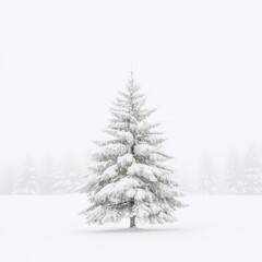 Snow-Covered Pine Tree in Serene Winter Landscape, Capturing Tranquility and Seasonal Beauty