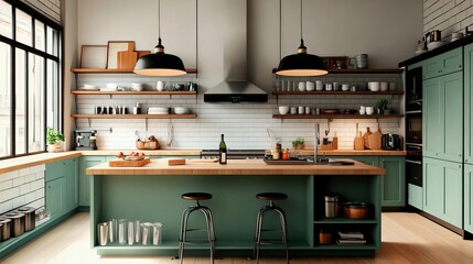 Kitchen with vintage decor, warm light, homey feel, 3D render