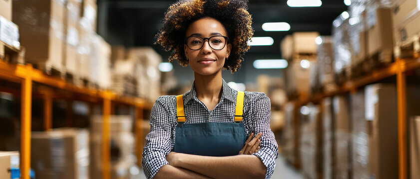 A confident woman stands in a warehouse, surrounded by boxes, showcasing her professionalism and dedication in a logistics environment.