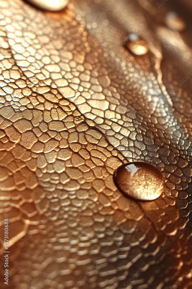 Aufkleber close-up of water droplets resting on a textured, golden surface, creating a mesmerizing interplay o