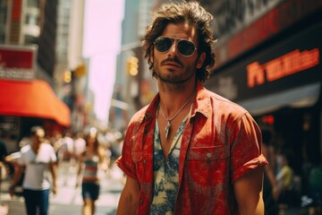 Fototapeta premium A man in a red shirt and sunglasses stands on a busy city street