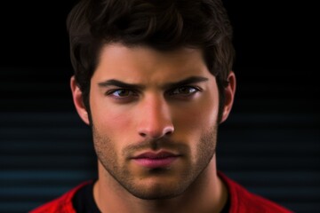A man with a beard and a red shirt is staring at the camera