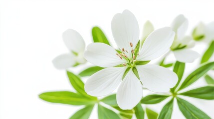 Fototapeta premium Delicate white flowers with green leaves on a soft light background