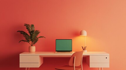 Fototapeta premium Minimalist desk setup, warm light source, sleek design, 3D illustration