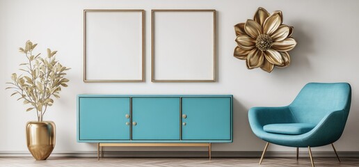 Modern living room interior with blue chair, cabinet, and gold accents.