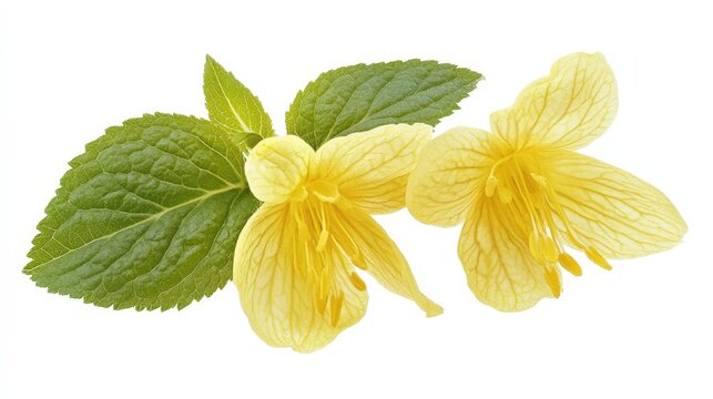 Close-up of vibrant yellow abutilon flowers with green leaves on white background