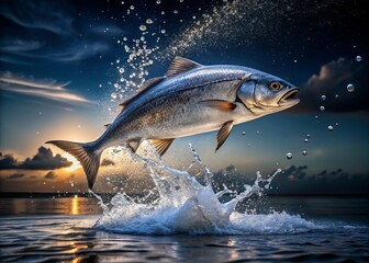 Fototapeta premium A Stunning Night Photography Capture of a Silvery Fish Leaping from the Ocean with Sunlight Illuminating Water Droplets Mid-Air, Showcasing Nature’s Beauty and Dynamic Energy