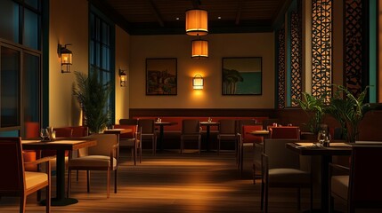Nighttime cafe interior, warm glow, lively environment, 3D render