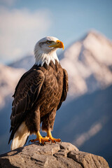 A bald eagle perches on a rocky outcrop, surveying its surroundings in the afternoon light