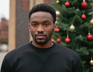 Handsome Africans Americans man wearing a black blank crewneck sweatshirt. mock up style photo. background outside at Christmas's time.