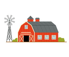 Farm with red barn and windmill. Rural landscape. Agriculture and farming concept. Flat vector illustration on white background.