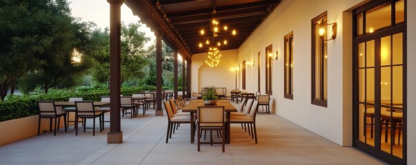 Fototapeta premium Outdoor patio, warm lights, evening atmosphere, 3D render