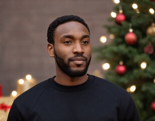Handsome Africans Americans man wearing a black blank crewneck sweatshirt. mock up style photo. background outside at Christmas's time.