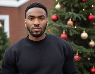 Handsome Africans Americans man wearing a black blank crewneck sweatshirt. mock up style photo. background outside at Christmas's time.