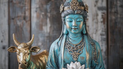 Obraz premium Sacred Japanese Goddess Kannon Statue with Decorative Elements