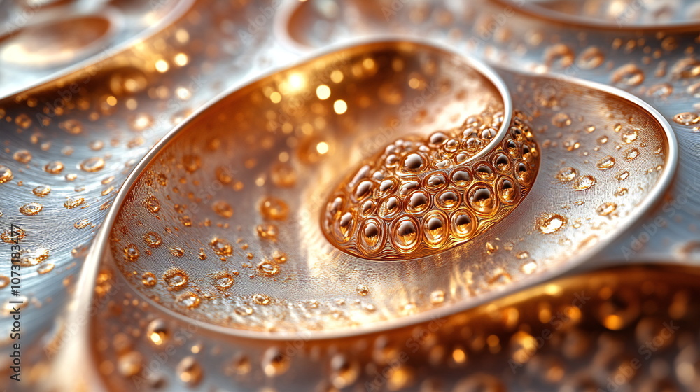 Poster a close-up shot of a metallic surface with a textured pattern of bubbles. the light catches the meta
