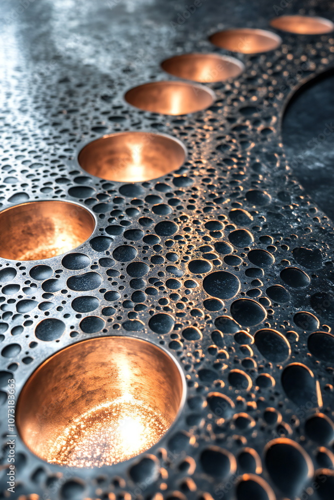 Poster a close-up shot of a metal surface with a unique design. the surface is covered in small, round inde