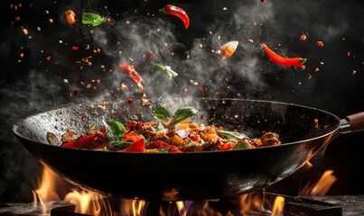 Stir fry vegetables cooking in wok, flying ingredients. Chinese recipes. Wok preparation ingredients