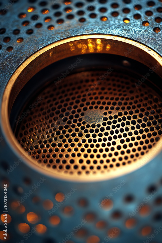 Poster close-up of a metal grate with a circular pattern, the texture and lighting create an interesting vi